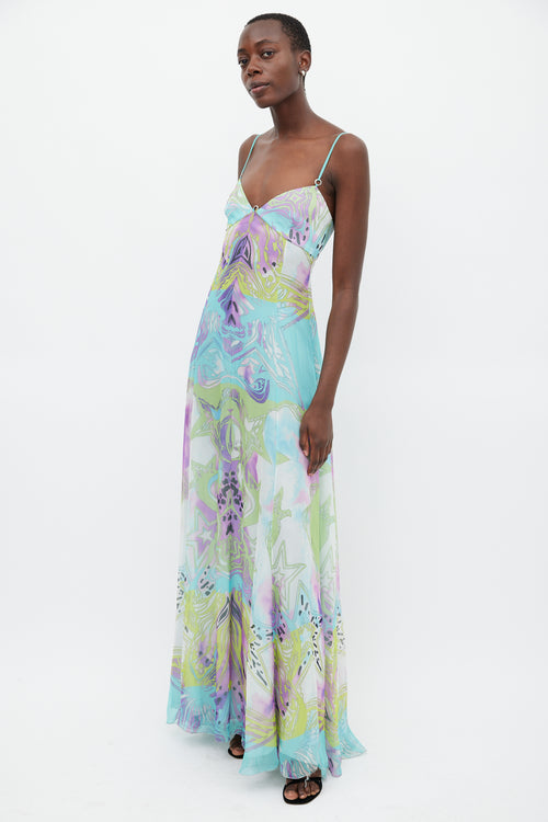 Emilio Pucci Green & Multicolour Silk Star Print Dress
