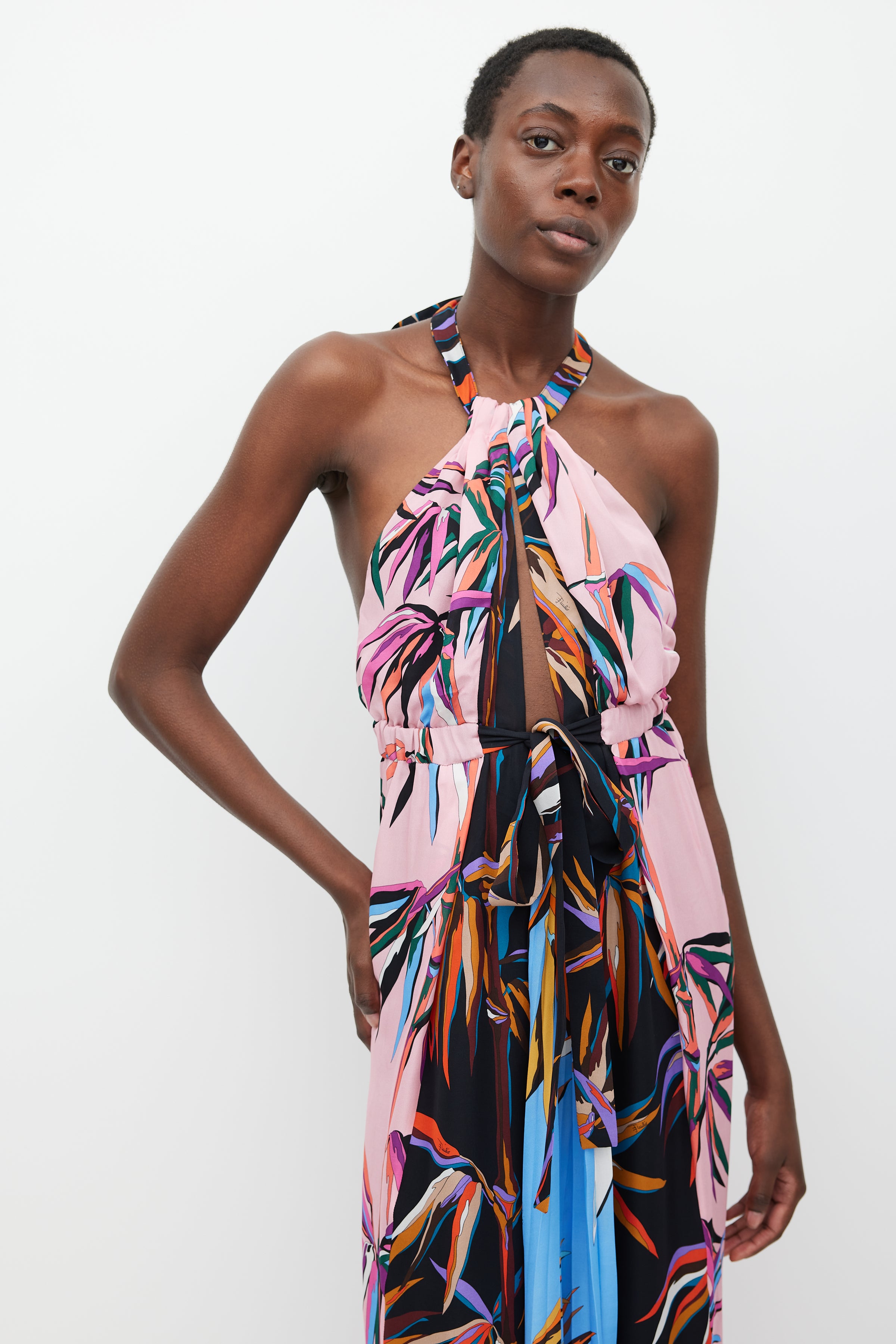 Emilio Pucci // Pink & Multicolour Silk Printed Halter Dress VSP Consignment Emilio Pucci // Pink & Multicolour Silk Printed Halter Dress VSP Consignment