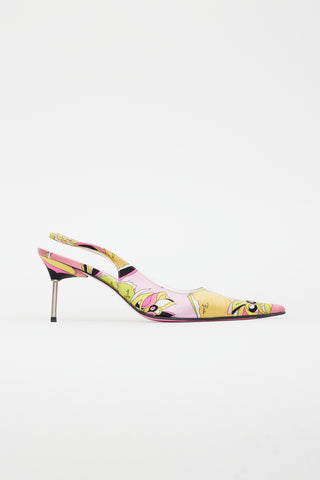 Emilio Pucci Pink & Yellow Satin Pattern Slingback Heel