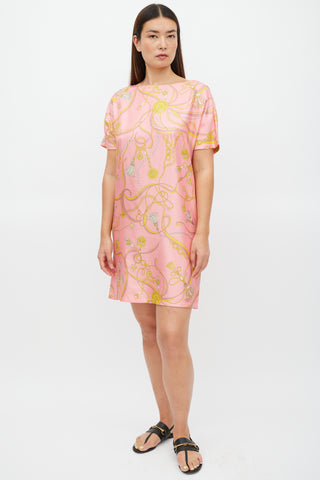 Emilio Pucci Pink & Yellow Silk Chain Pattern Dress