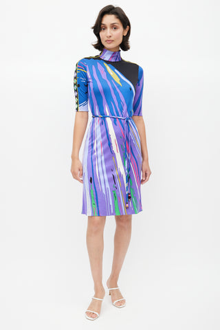Emilio Pucci Purple & Multicolour Abstract Belted Silk Dress