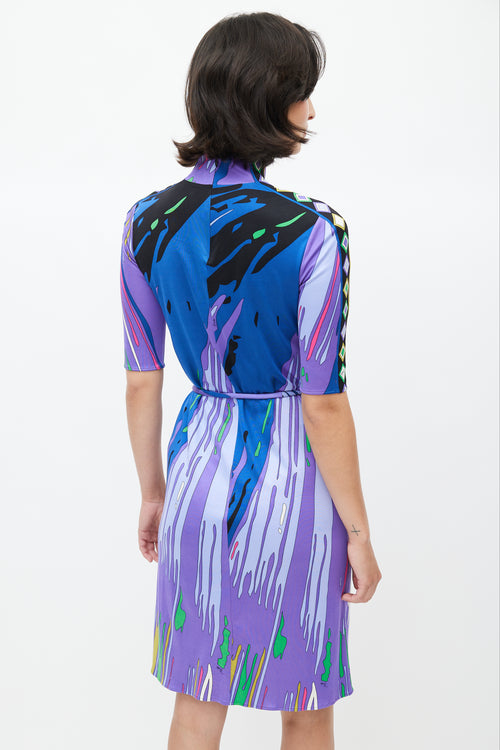 Emilio Pucci Purple & Multicolour Abstract Belted Silk Dress