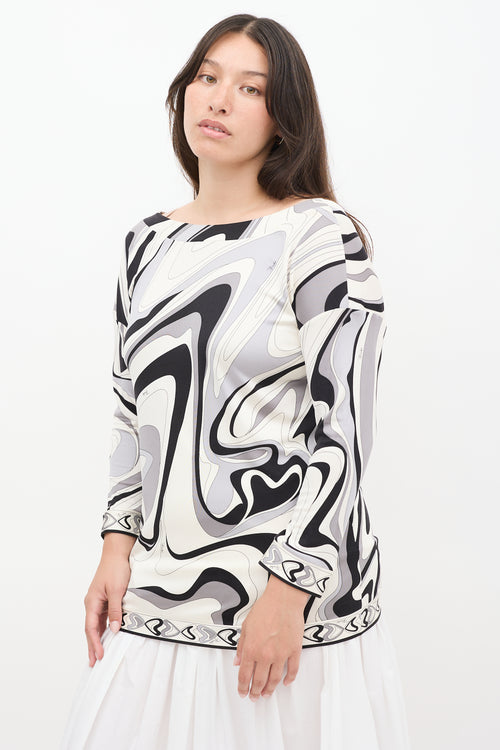 Emilio Pucci White & Multicolour Printed Boat Neck Top