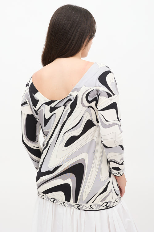 Emilio Pucci White & Multicolour Printed Boat Neck Top