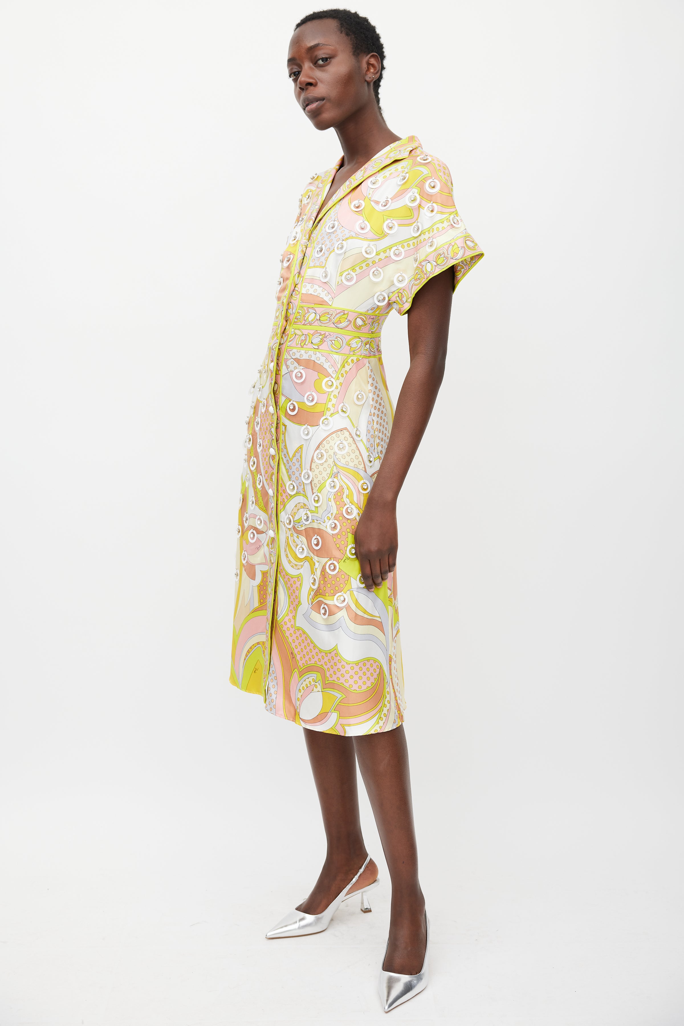 Emilio Pucci // Yellow & Multicolour Printed Embellished Dress VSP Consignment Emilio Pucci // Yellow & Multicolour Printed Embellished Dress VSP Consignment