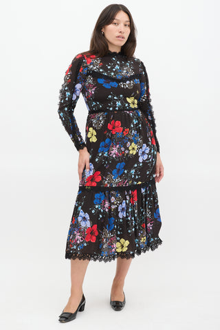 Erdem Black & Multicolour Silk Floral Georgie Tier Dress