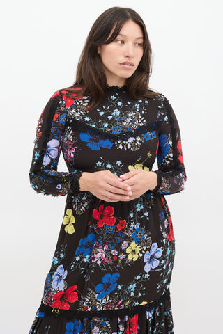 Erdem Black & Multicolour Silk Floral Georgie Tier Dress