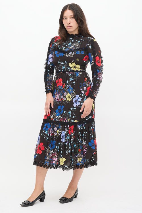 Erdem Black & Multicolour Silk Floral Georgie Tier Dress