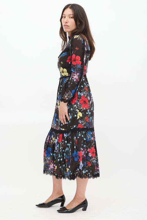 Erdem Black & Multicolour Silk Floral Georgie Tier Dress