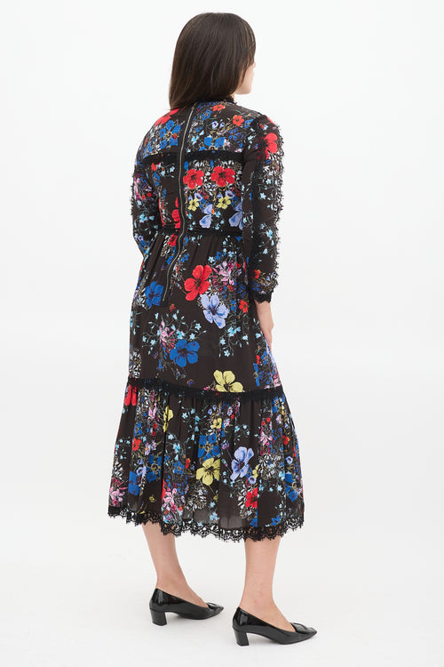 Erdem Black & Multicolour Silk Floral Georgie Tier Dress