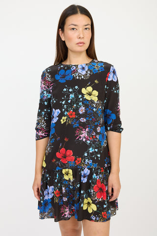 Erdem Black & Multicolour Silk Floral Ruffled Dress