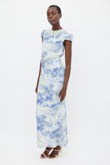 Erdem Blue & Green Silk Printed Belted Dress