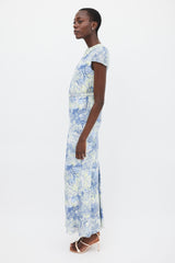 Erdem Blue & Green Silk Printed Belted Dress