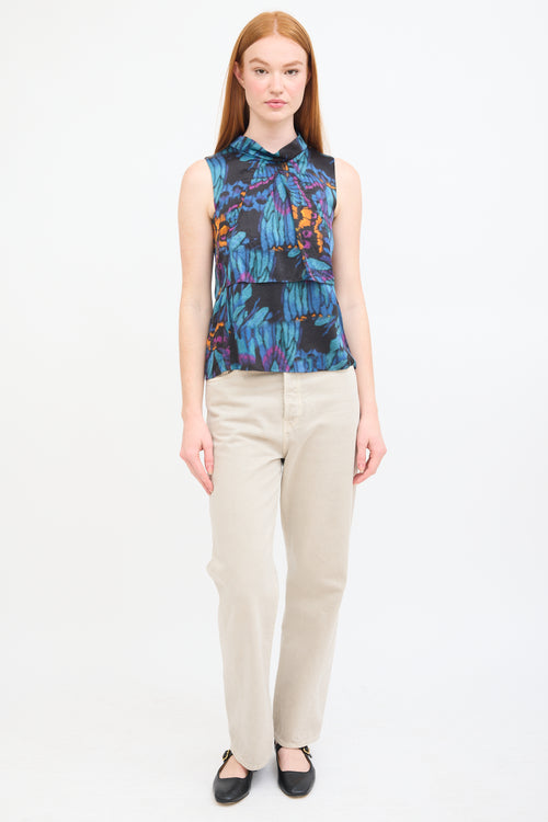 Erdem Blue & Multi Silk Printed Panelled Top