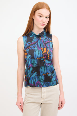 Erdem Blue & Multi Silk Printed Panelled Top