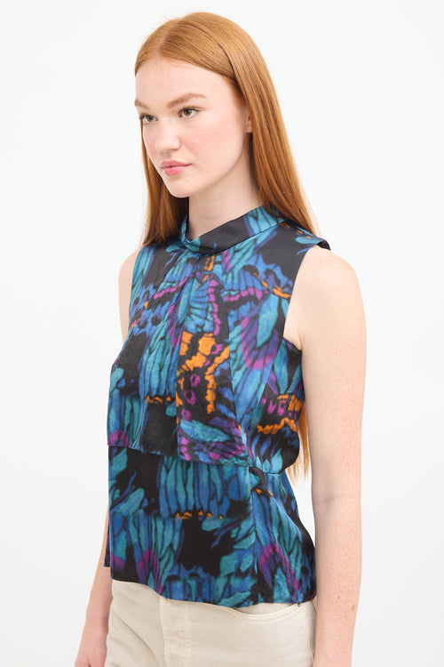 Erdem Blue & Multi Silk Printed Panelled Top