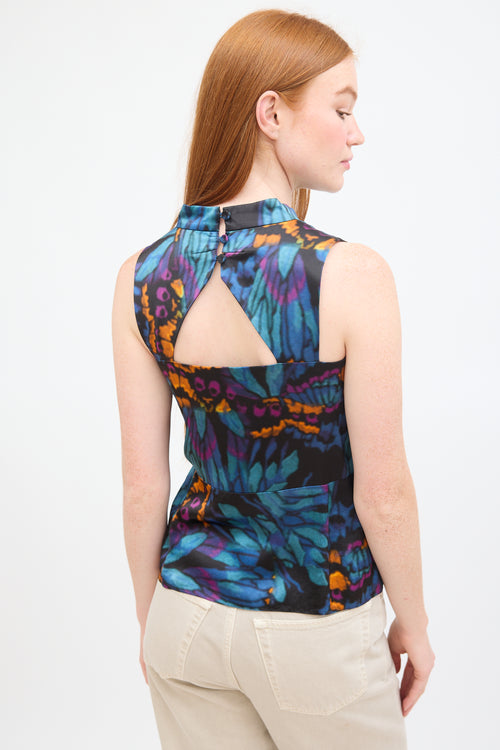 Erdem Blue & Multi Silk Printed Panelled Top