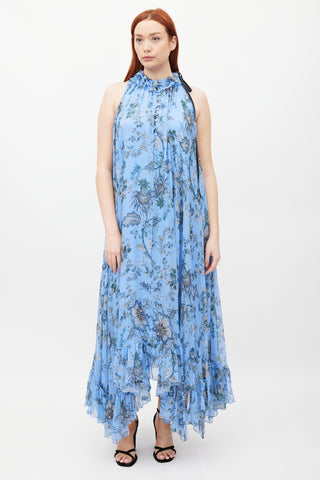 Erdem Blue & Multicolour Silk Ruffled Floral Theola Dress