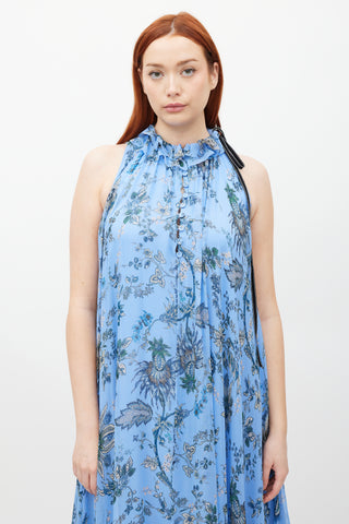 Erdem Blue & Multicolour Silk Ruffled Floral Theola Dress