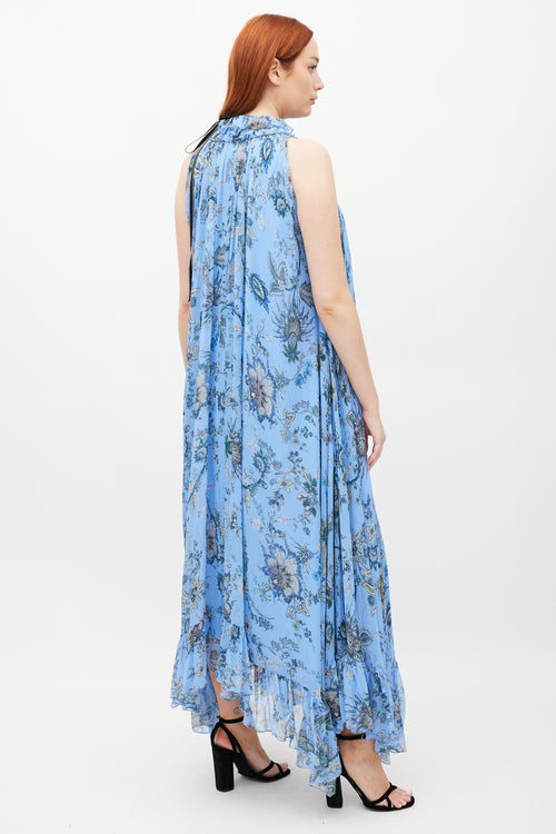 Erdem Blue & Multicolour Silk Ruffled Floral Theola Dress