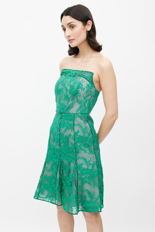 Erdem Green Lace Mesh Strapless Dress