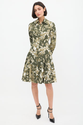 Erdem Green & White Cotton Floral Liana A-Line Dress