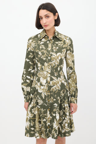 Erdem Green & White Cotton Floral Liana A-Line Dress