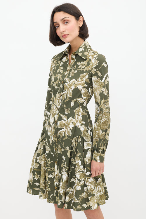 Erdem Green & White Cotton Floral Liana A-Line Dress