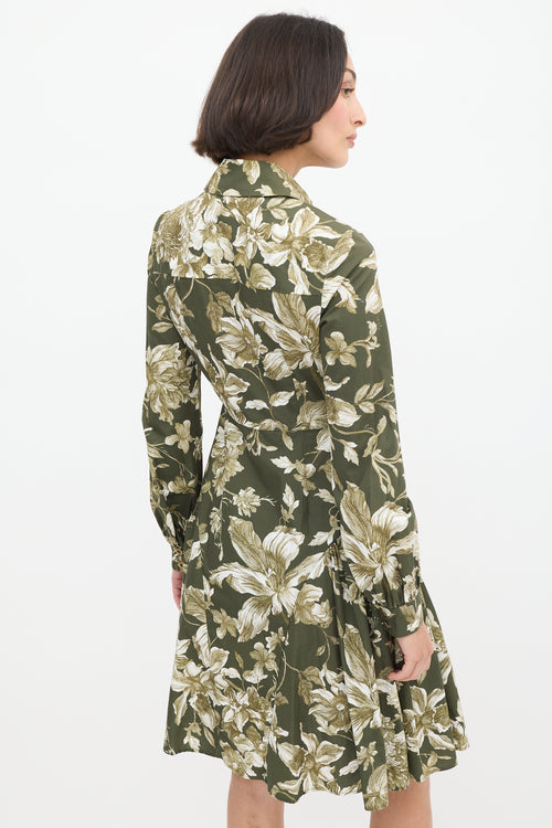 Erdem Green & White Cotton Floral Liana A-Line Dress