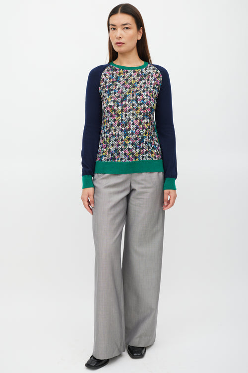 Erdem Navy & Multicolour Silk Floral Houndstooth Sweater