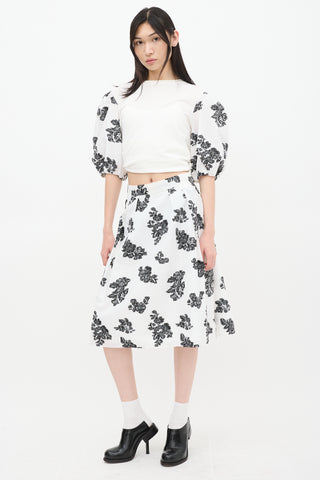 Erdem White & Black Reed Floral A-Line Midi Skirt