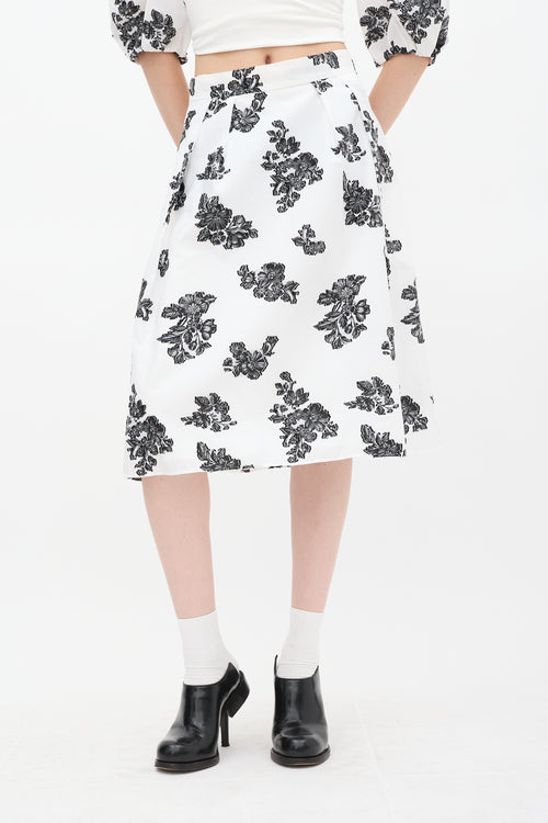 Erdem White & Black Reed Floral A-Line Midi Skirt