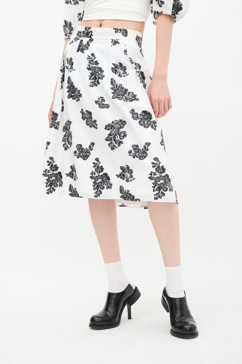 Erdem White & Black Reed Floral A-Line Midi Skirt