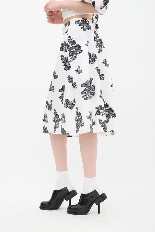 Erdem White & Black Reed Floral A-Line Midi Skirt