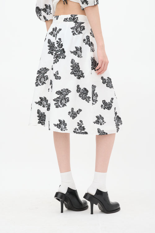 Erdem White & Black Reed Floral A-Line Midi Skirt