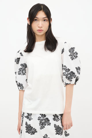 Erdem White & Black Theodora Floral Puff Sleeve Top