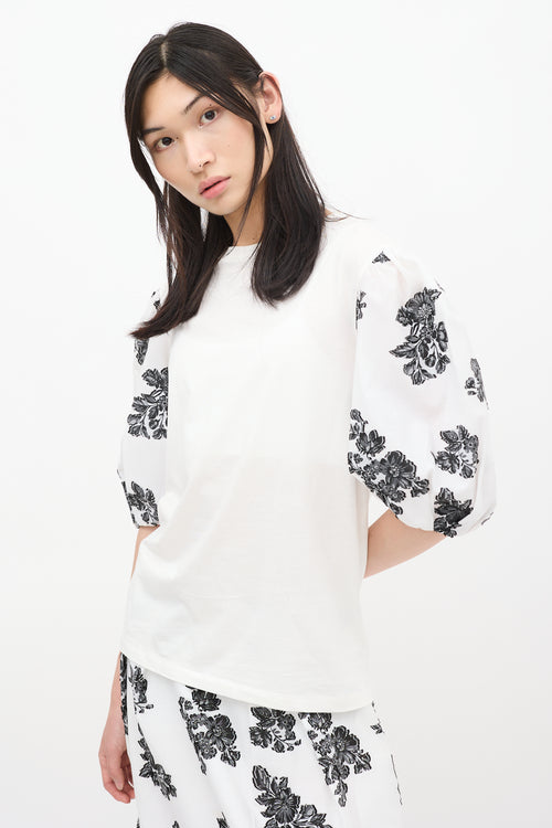 Erdem White & Black Theodora Floral Puff Sleeve Top