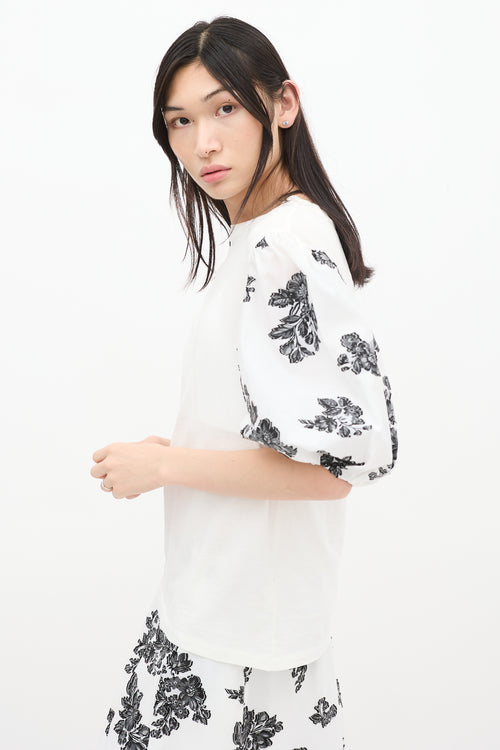 Erdem White & Black Theodora Floral Puff Sleeve Top