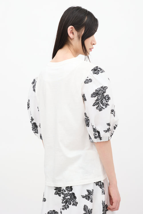 Erdem White & Black Theodora Floral Puff Sleeve Top