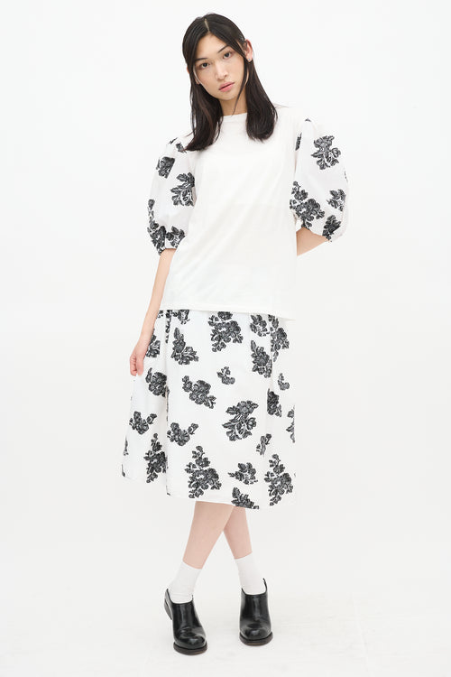 Erdem White & Black Theodora Floral Puff Sleeve Top