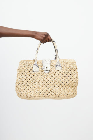 Ermanno Scervino Beige Raffia & Embossed Leather Tote Bag