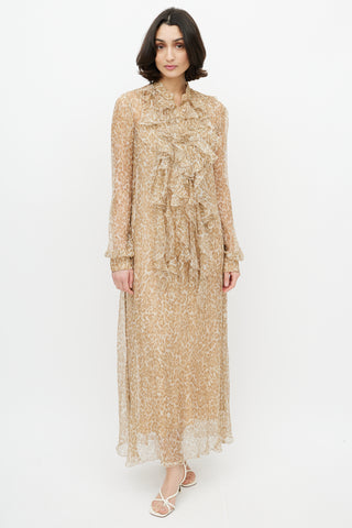 Ermanno Scervino Brown & Gold Printed Maxi Sheer Dress