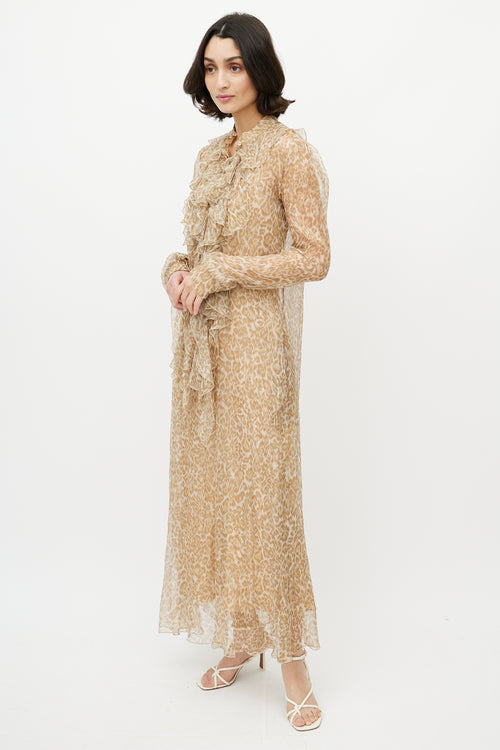 Ermanno Scervino Brown & Gold Printed Maxi Sheer Dress