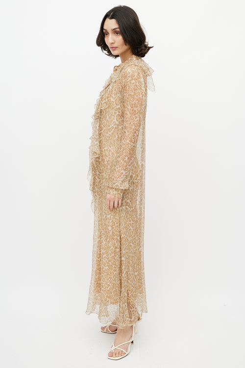 Ermanno Scervino Brown & Gold Printed Maxi Sheer Dress