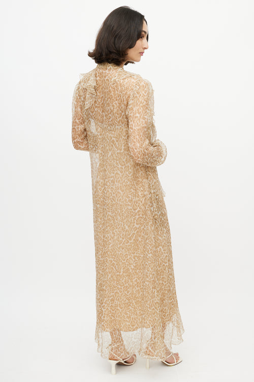 Ermanno Scervino Brown & Gold Printed Maxi Sheer Dress