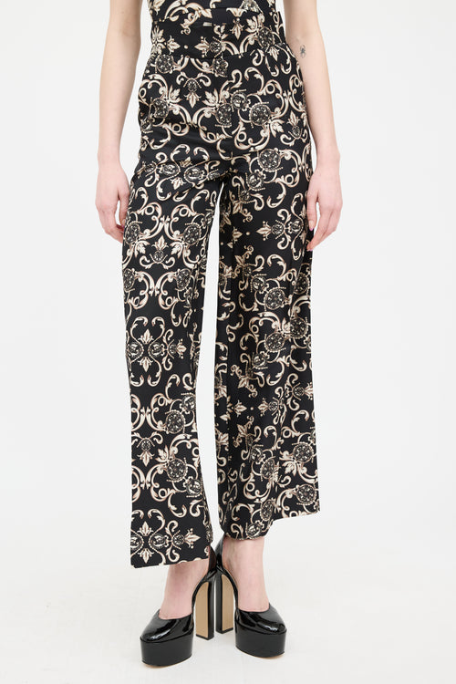Escada Cream & Black Silk Pleated Wide Leg Trouser