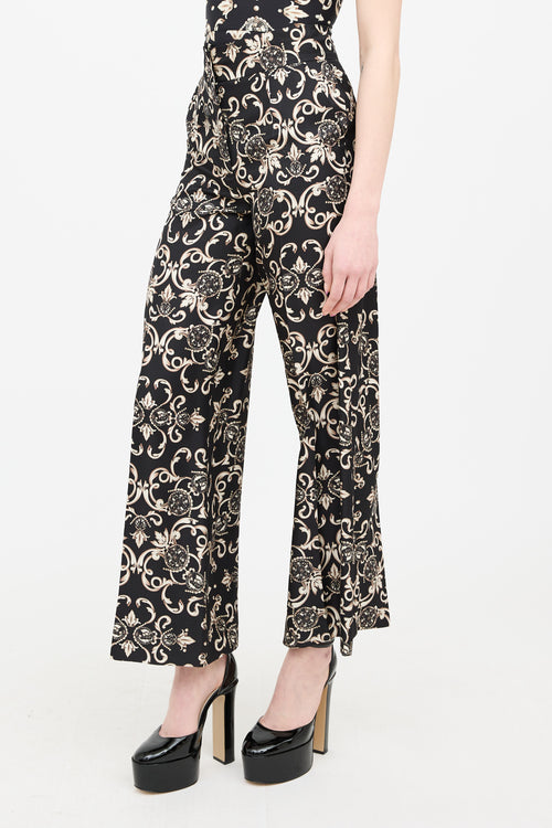 Escada Cream & Black Silk Pleated Wide Leg Trouser