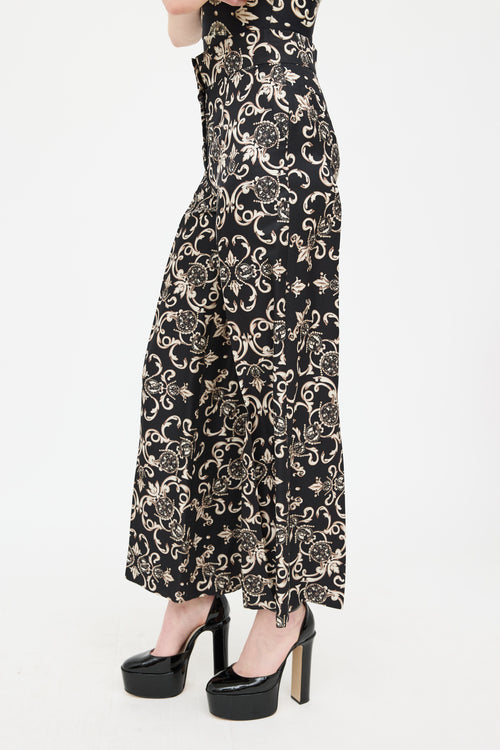 Escada Cream & Black Silk Pleated Wide Leg Trouser