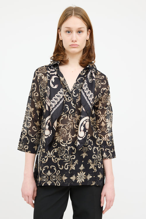 Escada Cream & Black Silk Paisley Scarf
