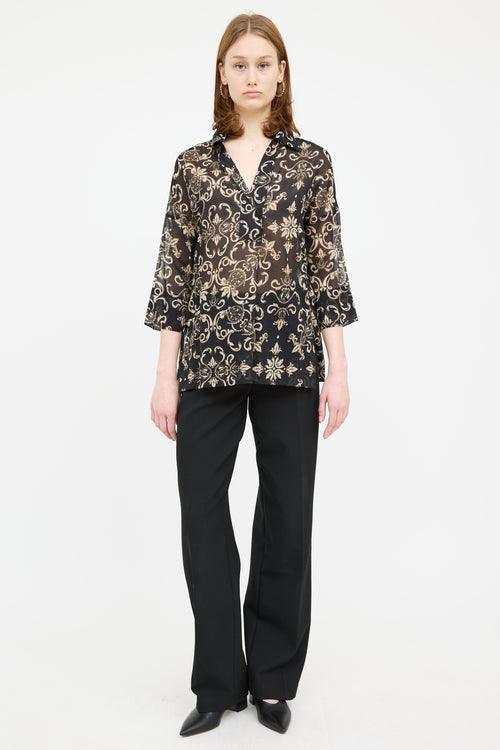 Escada Cream & Black Button Down Blouse Top